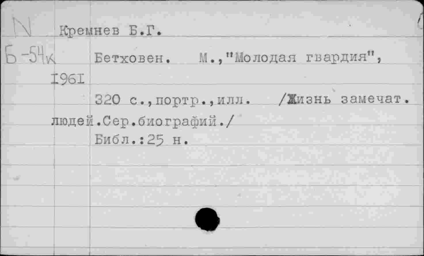 ﻿м	Кремнев Б.Г.	
Ь		Бетховен. М.,”Молодая гвардия”,
	[ 961	
		320 с.,портр.,или. /Жизнь замечат.
3	поде!	1. Сер.биографий./
		Библ.:25 н.
		
		
		